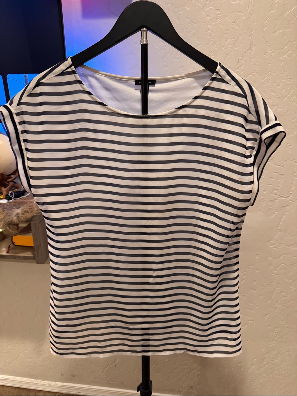 Ann Taylor White and Blue Striped Boatneck Tee with Sheer Lining